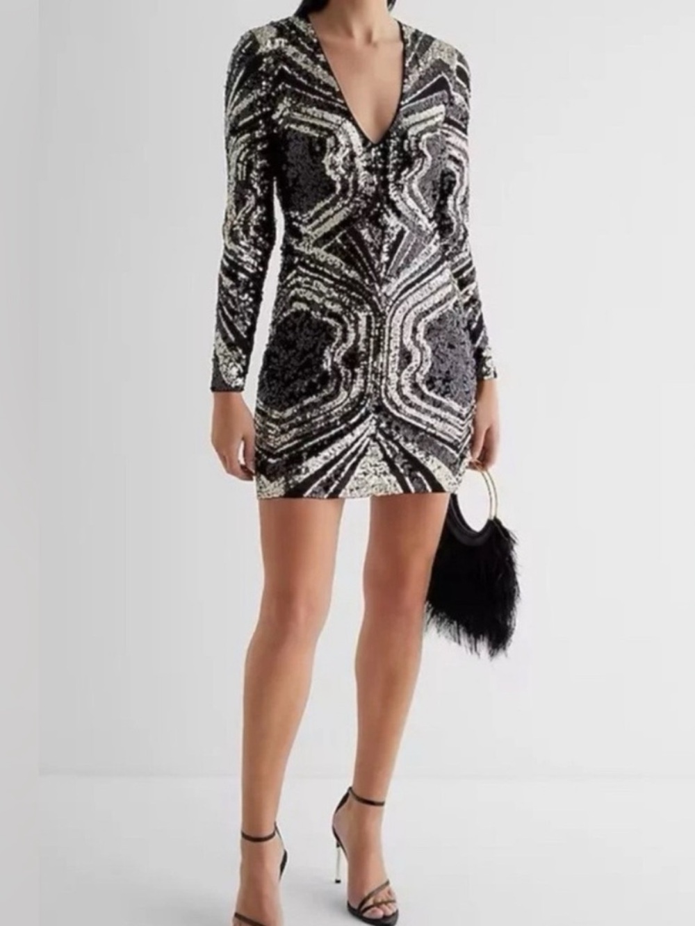 Express Black & Gold Sequin Pattern V‑Neck Mini Dress